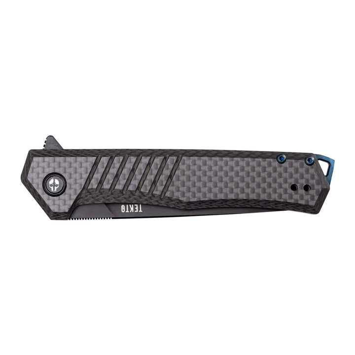 Tekto Knives F1 Alpha Linerlock G10 & Carbon Fiber w Blue Accents Black Titanium Coated D2 - Knives.mx