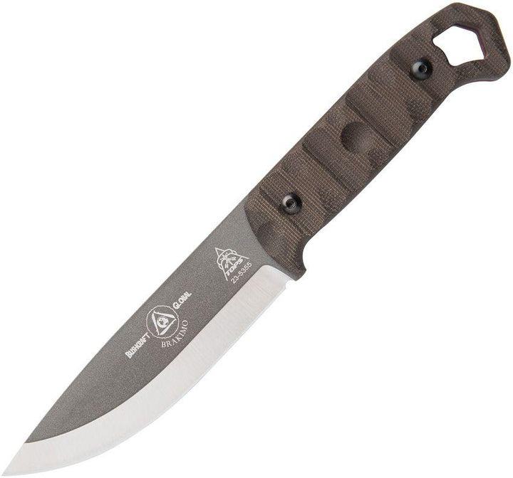 TOPS Brakimo Fixed Blade Rocky Mountain Green Canvas Micarta Gray Tungsten Cerakote 1095HC - Knives.mx