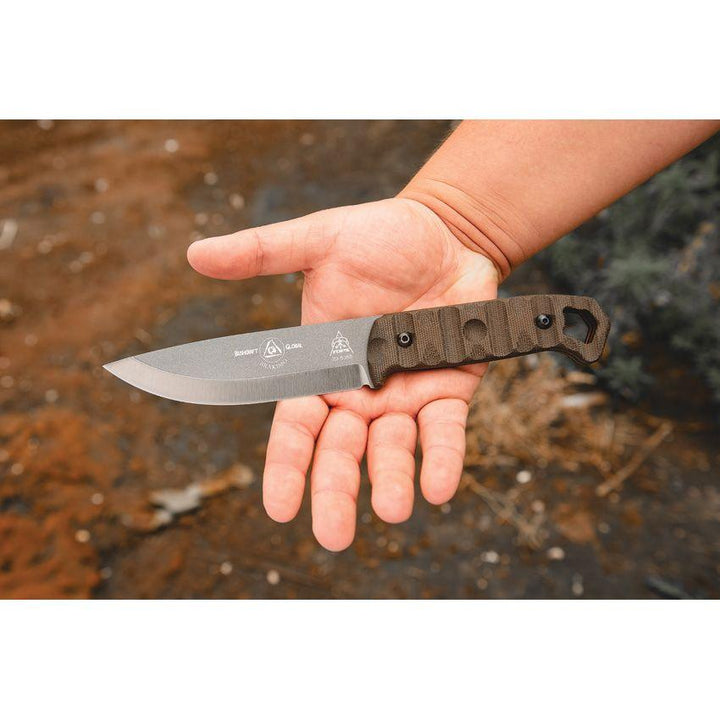 TOPS Brakimo Fixed Blade Rocky Mountain Green Canvas Micarta Gray Tungsten Cerakote 1095HC - Knives.mx