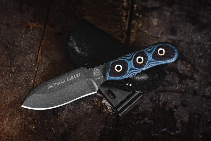 TOPS Knives Baghdad Bullet Blue & Black G10 Tactical Gray 1095HC - Knives.mx