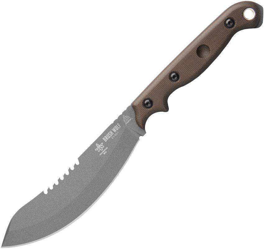 TOPS Knives Brush Wolf Fixed Blade Green Canvas Micarta Tungsten Cerakote Sawback 1095HC - Knives.mx
