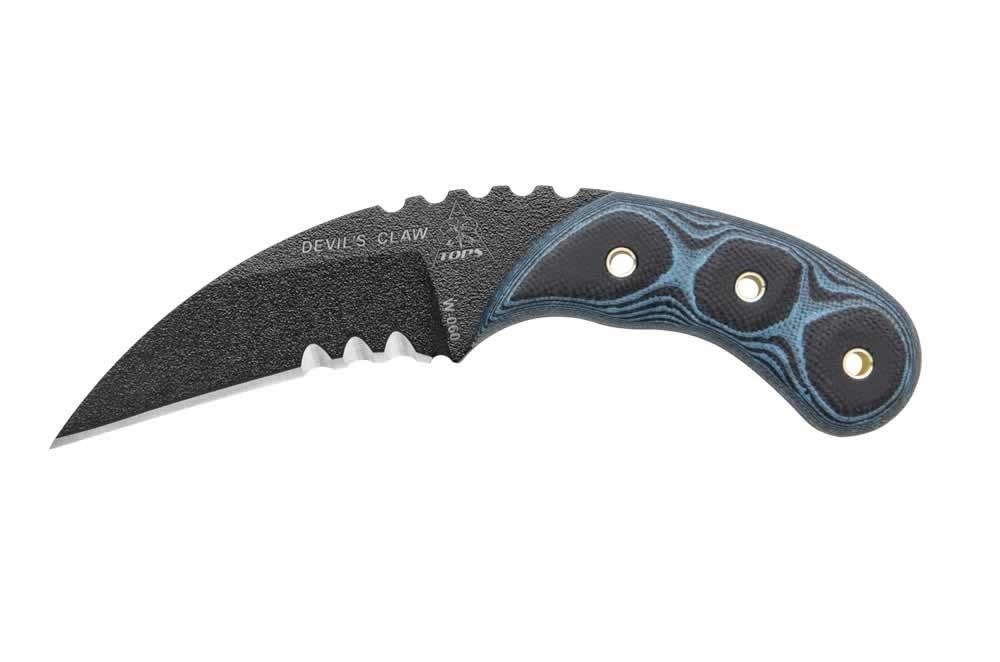 TOPS Knives Devils Claw Black & Blue Traction Coating 1095HC - Knives.mx