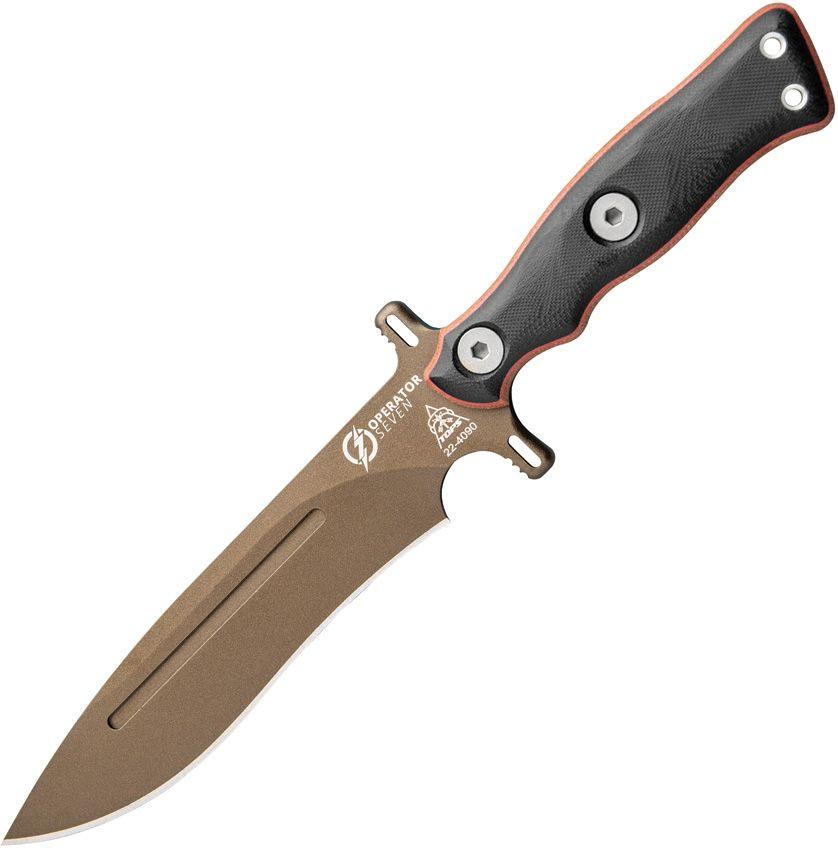TOPS Knives Operator 7 Fixed Blade Tan Canvas Micarta w Black G10 Midnight Bronze 1075HC - Knives.mx
