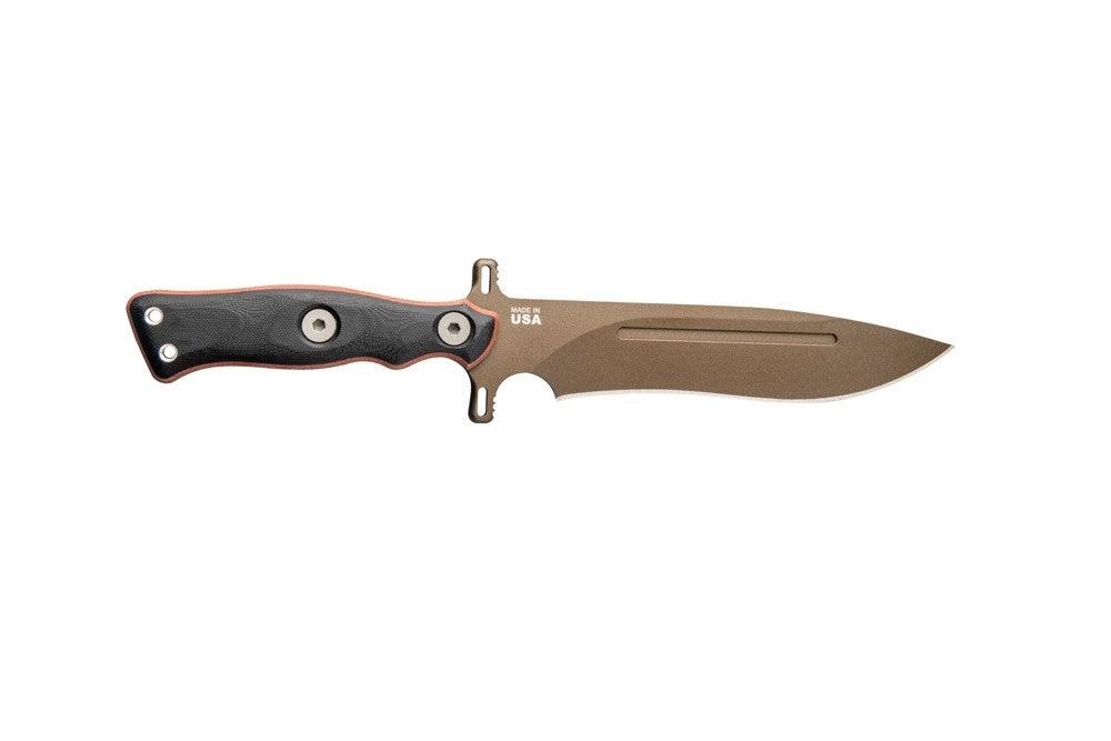 TOPS Knives Operator 7 Fixed Blade Tan Canvas Micarta w Black G10 Midnight Bronze 1075HC - Knives.mx