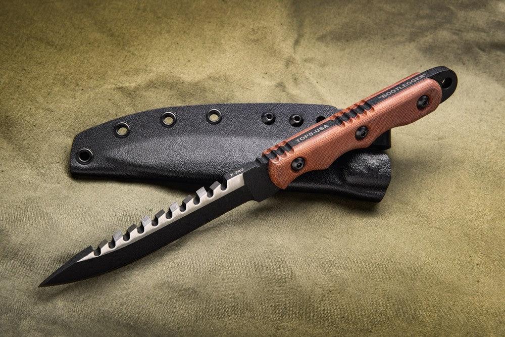 TOPS Knives Ranger Bootlegger 2 Tan Canvas Micarta Black Traction Coating 1095HC - Knives.mx