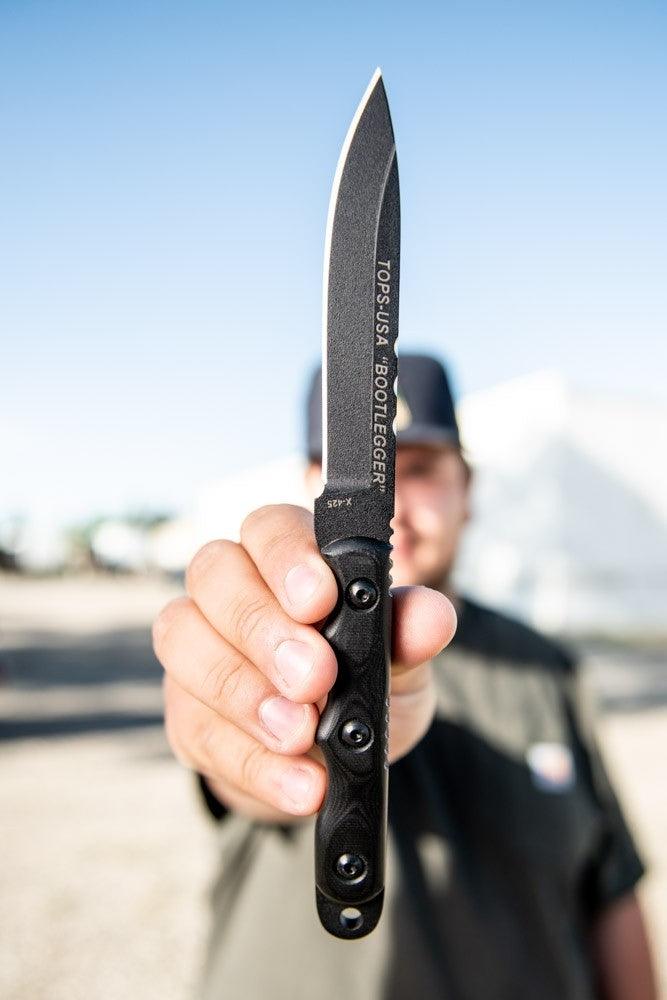 TOPS Knives Ranger Bootlegger Black G10 Traction Coating 1095HC - Knives.mx