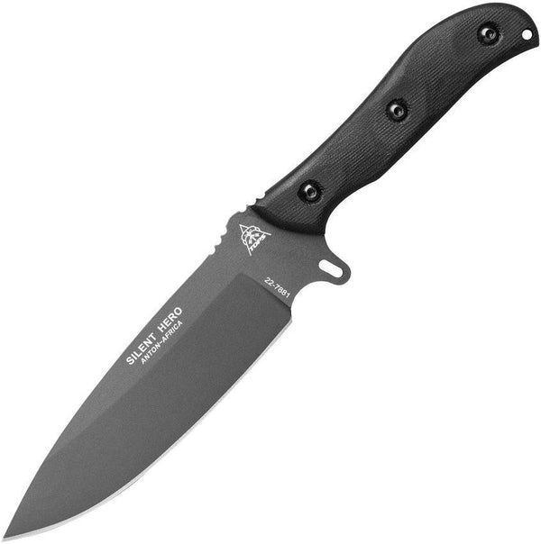 TOPS Knives Silent Hero Smooth Black Canvas Micarta Gray 1095HC - Knives.mx