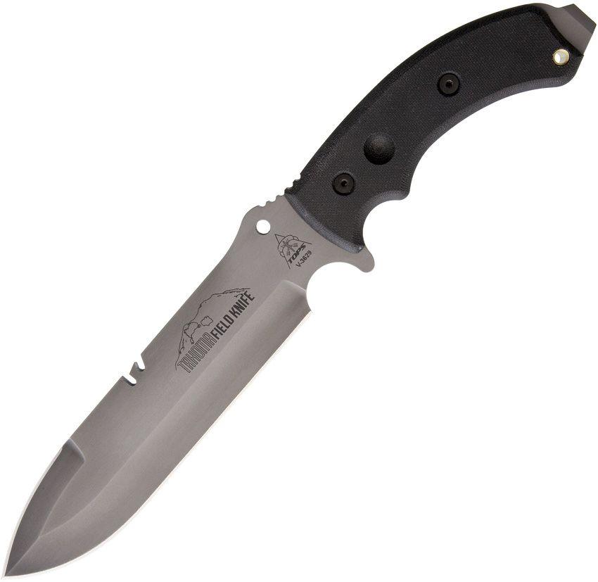 TOPS Knives Tahoma Field Knife Black Canvas Micarta Double Edged Tip River Wash 1095HC - Knives.mx