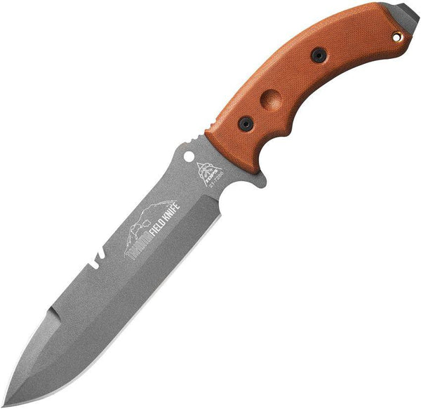TOPS Knives Tahoma Field Knife Tan Canvas Micarta Double Edge Tip Gray Cerakote 1095HC - Knives.mx