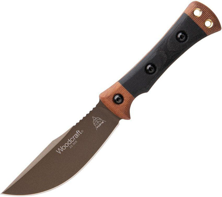 TOPS Knives Woodcraft Fixed Blade Black & Tan Canvas Mmicarta Midnight Bronze 1095HC - Knives.mx