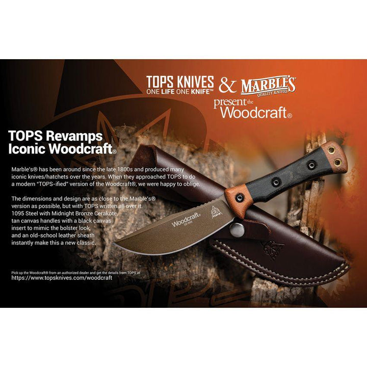 TOPS Knives Woodcraft Fixed Blade Black & Tan Canvas Mmicarta Midnight Bronze 1095HC - Knives.mx