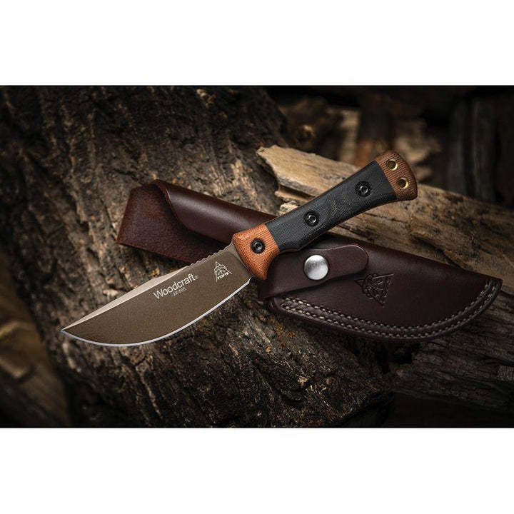 TOPS Knives Woodcraft Fixed Blade Black & Tan Canvas Mmicarta Midnight Bronze 1095HC - Knives.mx