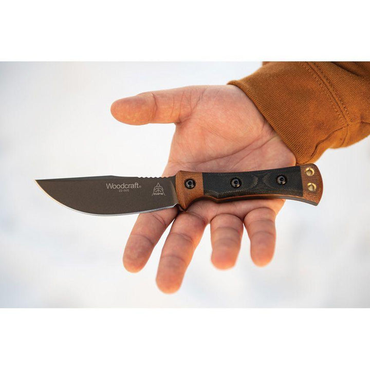 TOPS Knives Woodcraft Fixed Blade Black & Tan Canvas Mmicarta Midnight Bronze 1095HC - Knives.mx