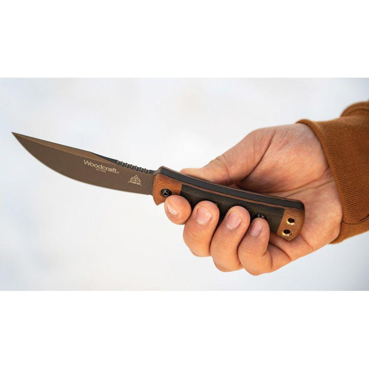 TOPS Knives Woodcraft Fixed Blade Black & Tan Canvas Mmicarta Midnight Bronze 1095HC - Knives.mx