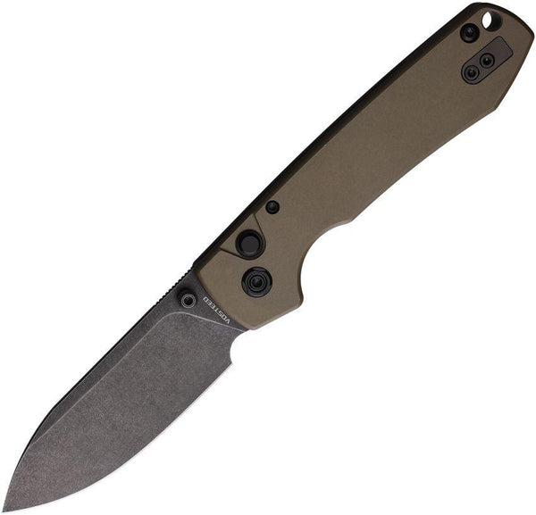 Vosteed Raccoon Button Lock OD Green Aluminum Black Stonewash Drop Point Nitro V - Knives.mx