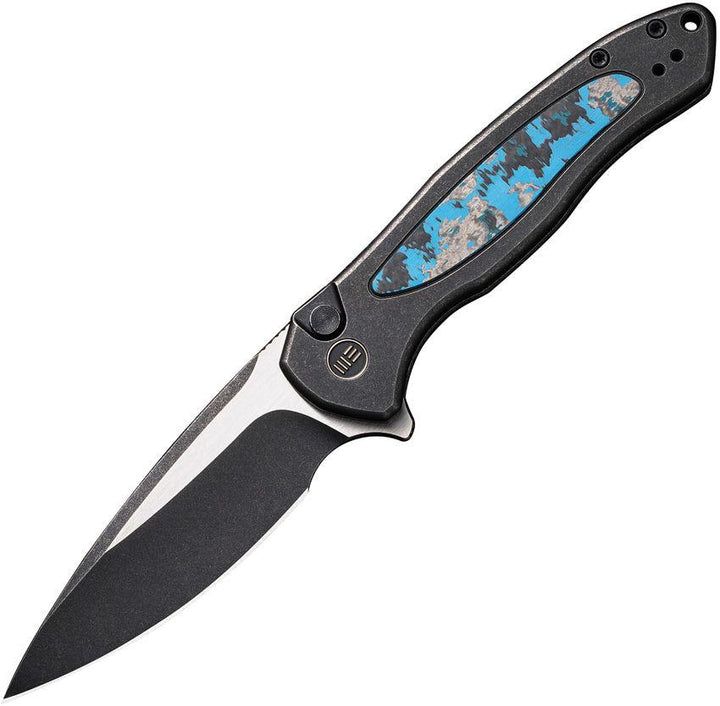 We Knife Co Ltd Kitefin Button Lock Black SW Titanium w Arctic Storm Fat Carbon Inlay Black SW & Satin CPM-20CV - Knives.mx