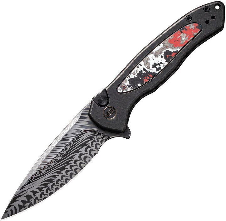 We Knife Co Ltd Kitefin Button Lock Black Titanium w Nebula Fat Carbon Inlay Damasteel - Knives.mx