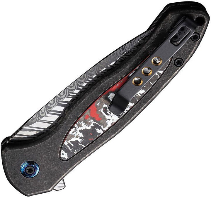 We Knife Co Ltd Kitefin Button Lock Black Titanium w Nebula Fat Carbon Inlay Damasteel - Knives.mx