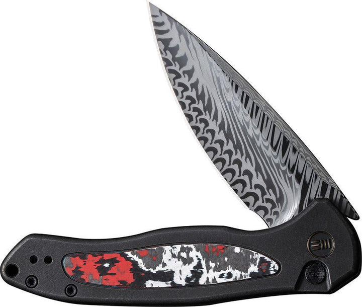 We Knife Co Ltd Kitefin Button Lock Black Titanium w Nebula Fat Carbon Inlay Damasteel - Knives.mx