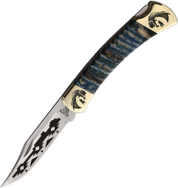 Yellowhorse Custom Buck 110 Lockback Blue Mammoth Native Horses 420HC - Knives.mx