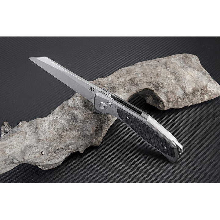 Artisan Cutlery Megahawk Linerlock Gray Aluminum w Black G10 Inlay Stonewash D2 - Knives.mx