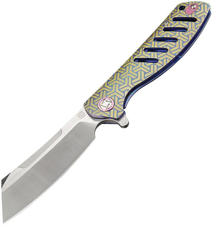 Artisan Cutlery Tomahawk Framelock Blue & Gold Titanium Satin S35VN - Knives.mx