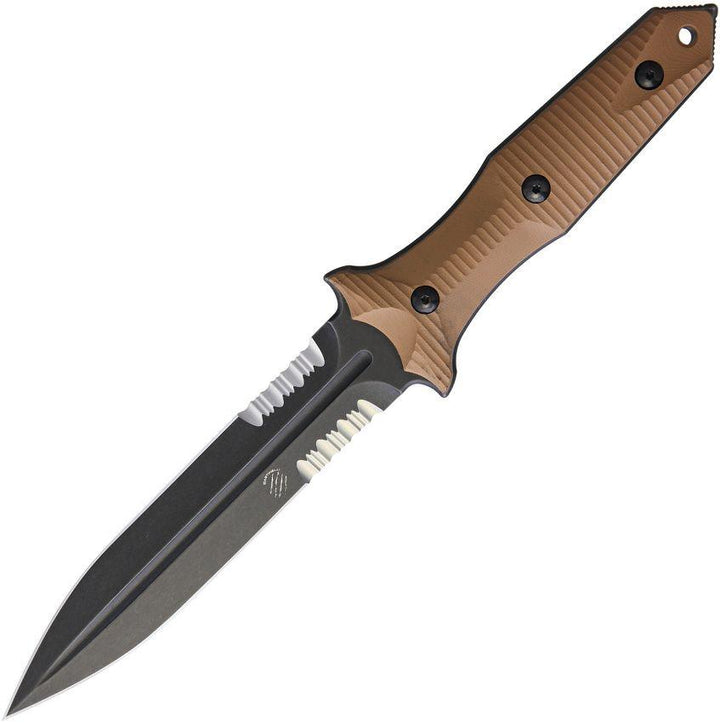 Bastinelli Creations Grozo Fixed Blade Coyote Sculpted G10 PVD Coated Double Edge Serrated Bohler N690 - Knives.mx