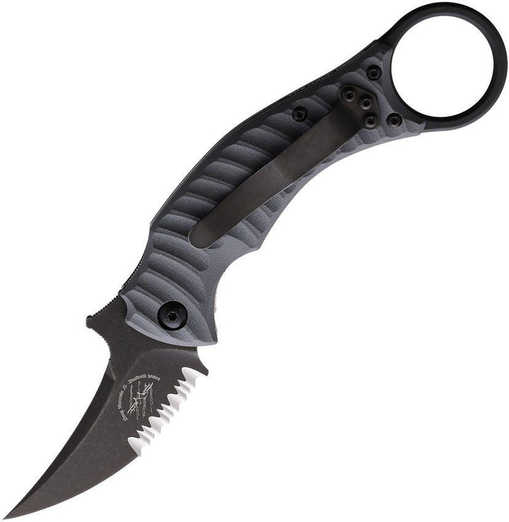 Bastinelli Creations Mako Linerlock Serrated Gray Sculpted G10 Black Bohler N690 - Knives.mx