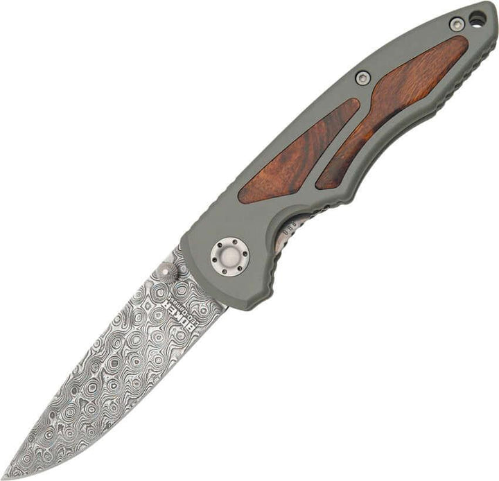 Boker Damascus Linerlock Gray Aluminum w Ironwood Damascus - Knives.mx