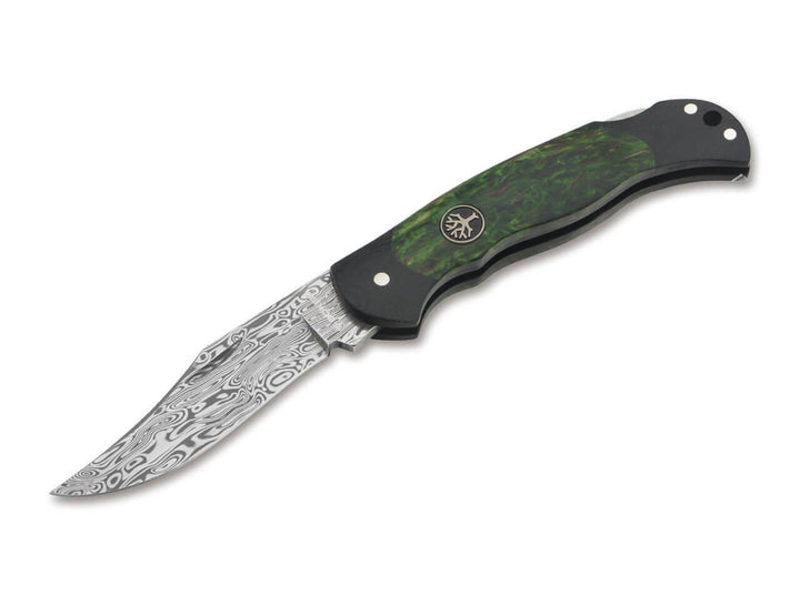 Boker Junior Scout Lockback Black G10 Handle with Green Curly Birch Inlay Damascus - Knives.mx