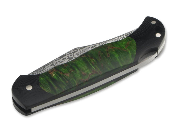 Boker Junior Scout Lockback Black G10 Handle with Green Curly Birch Inlay Damascus - Knives.mx