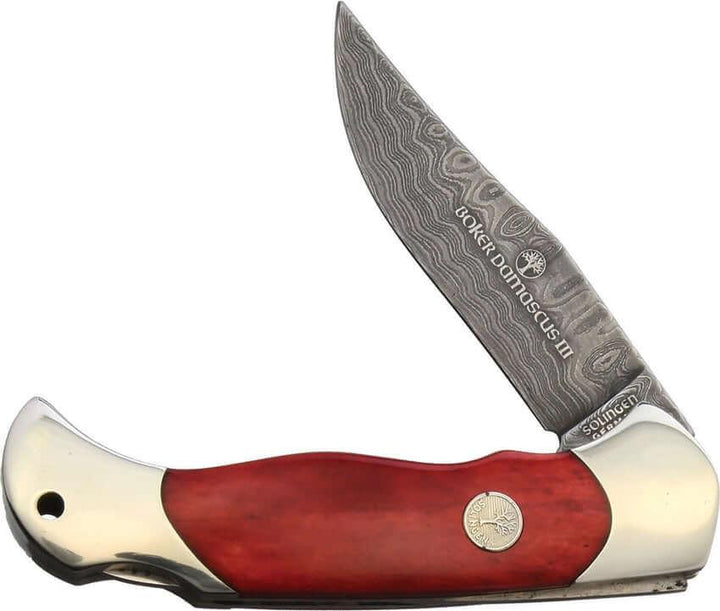 Boker Lockback Nickel Silver w smooth Red Bone Damascus - Knives.mx