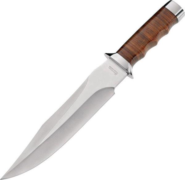 Boker Magnum Giant Bowie Aluminum and Finger Grooved Stacked Leather Handle Satin 440A - Knives.mx