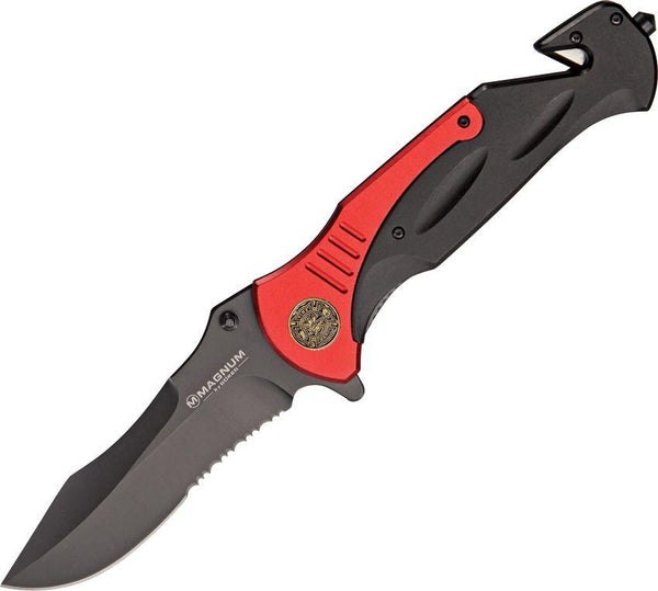 Boker Magnum Rescue Linerlock Fire Dept Black & Red Aluminum Serrated 440 Stainless - Knives.mx