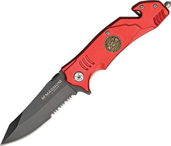 Boker Magnum Rescue Linerlock Fire Fighter Red Aluminum Serrated 440 Stainless - Knives.mx