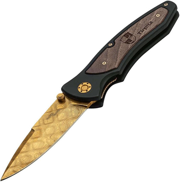 Boker Tirpitz Linerlock Black Aluminum w Walnut Gold Damascus - Knives.mx