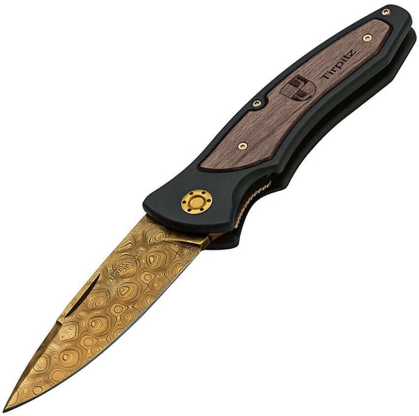 Boker Tirpitz Linerlock Black Aluminum w Walnut Gold Damascus - Knives.mx