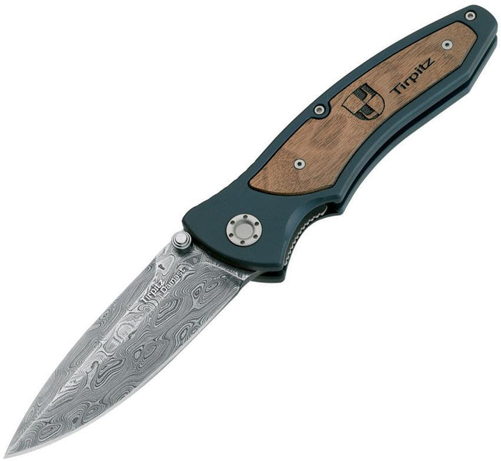 Boker Tirpitz Linerlock Black Aluminum w Walnut inlay Damascus - Knives.mx