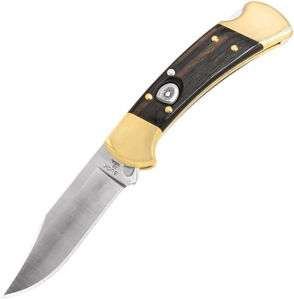 Buck Auto Elite 112 Crelicam Ebony Wood w Brass Bolsters Clip Point 420HC - Knives.mx