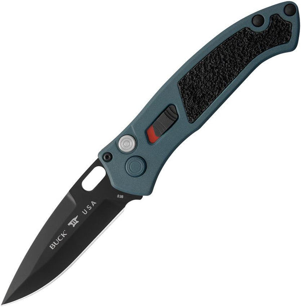 Buck Auto Impact Button Lock Blue Aluminum w Black Rubber Coated CPM S30V - Knives.mx