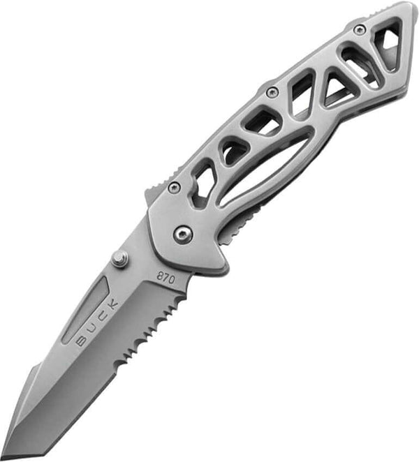 Buck Bones Framelock Skeletonized Gray Serrated Tanto 420HC - Knives.mx