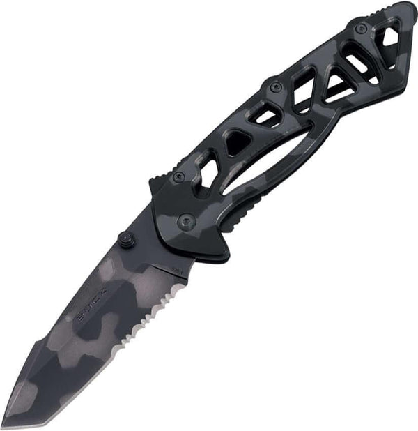 Buck Bones Framelock Tiger Stripe Serrated Tanto 420HC - Knives.mx