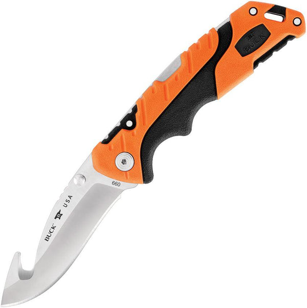 Buck Pursuit Pro Lockback Orange & Black GFN Satin Guthook S35VN - Knives.mx