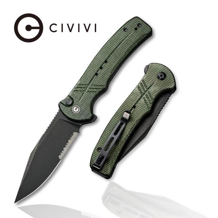 Civivi Cogent Button Lock Green Micarta Black SW Serrated 14C28N - Knives.mx