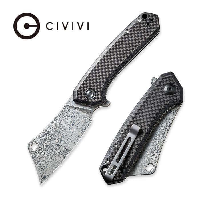 Civivi Mini Mastodon Twill Carbon Fiber Overlay On Black G10 Handle Damascus - Knives.mx