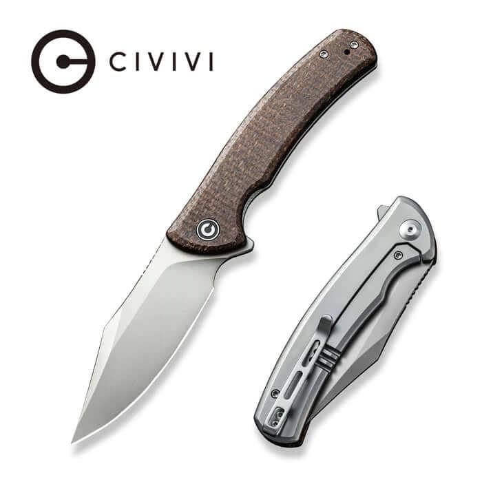 Civivi Sinisys Flipper Knife Brown Burlap Micarta With Steel Lock Side Silver Bead Blasted 14C28N - Knives.mx