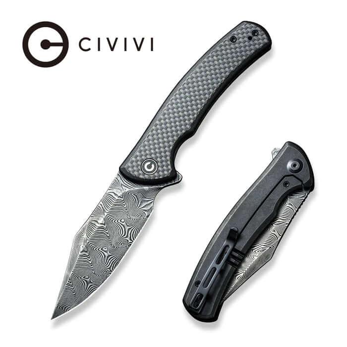 Civivi Sinisys Flipper Knife Twill Carbon Fiber Overlay On Black G10 With Steel Lock Side Black Rubbed Damascus - Knives.mx