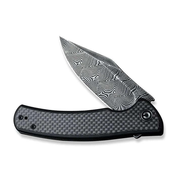 Civivi Sinisys Flipper Knife Twill Carbon Fiber Overlay On Black G10 With Steel Lock Side Black Rubbed Damascus - Knives.mx