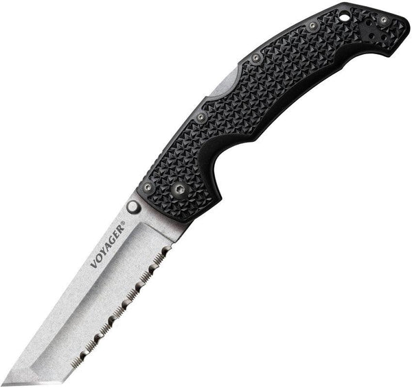 Cold Steel Large Voyager Lockback Black Griv-Ex Stonewash Serrated Tanto AUS-10A - Knives.mx