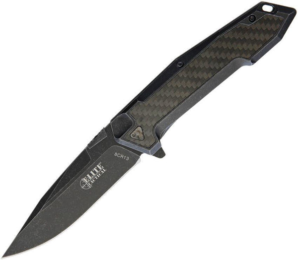 Elite Tactical Framelock Carbon fiber Inlay Black Stonewash 8Cr13MoV - Knives.mx